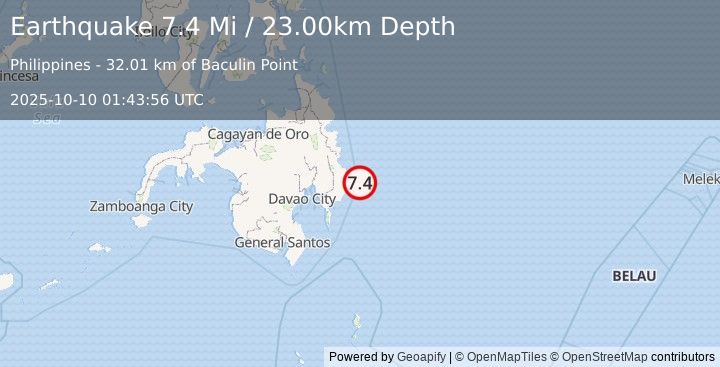 Earthquake 33 km ESE of Baculin, Philippines (7.4 Mi) (2025-10-10 01:43:56 UTC)