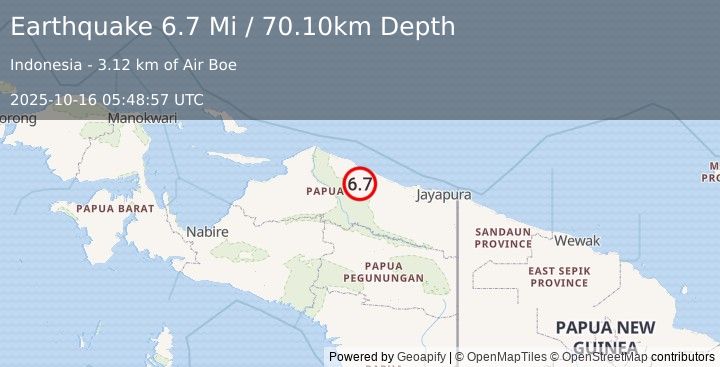 Earthquake 199 km W of Abepura, Indonesia (6.7 Mi) (2025-10-16 05:48:57 UTC)