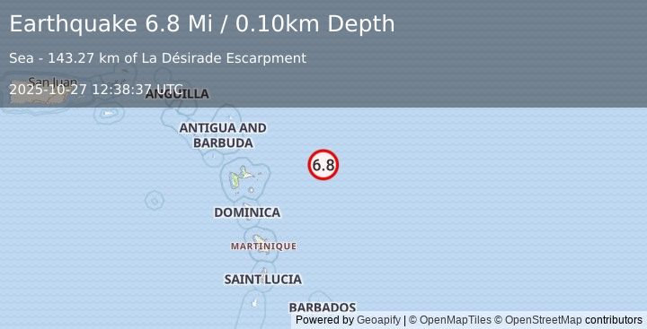 Earthquake 170 km E of Beauséjour, Guadeloupe (6.8 Mi) (2025-10-27 12:38:37 UTC)