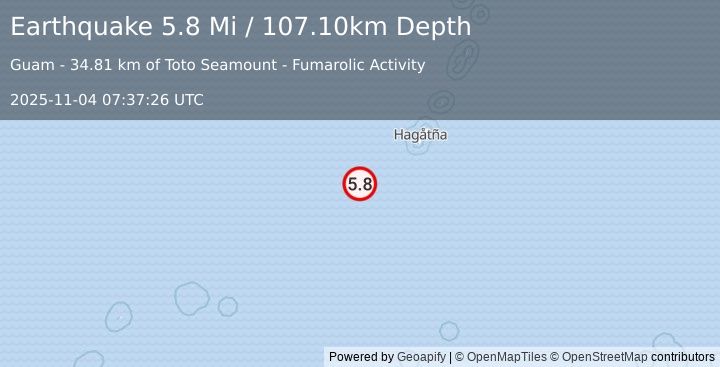 Earthquake 164 km SW of Merizo Village, Guam (5.8 Mi) (2025-11-04 07:37:26 UTC)