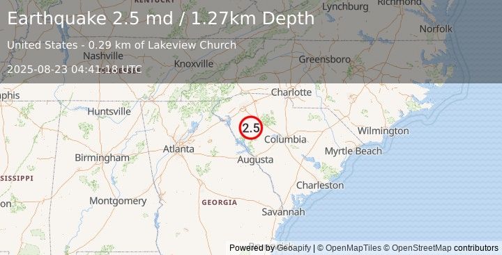 Earthquake 5 km NNW of Coronaca, South Carolina (2.5 md) (2025-08-23 04:41:18 UTC)