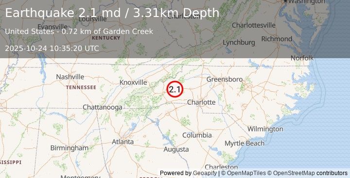 Earthquake 3 km NW of Marion, North Carolina (2.1 md) (2025-10-24 10:35:20 UTC)
