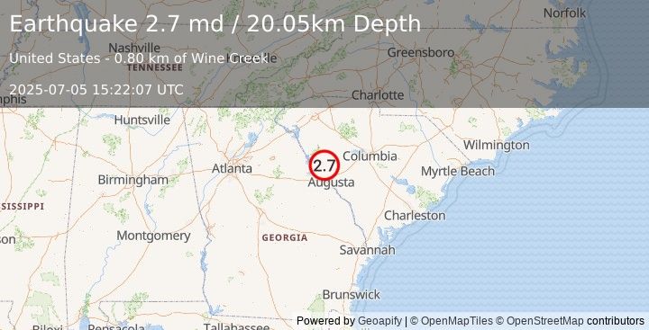 Earthquake 8 km ENE of Parksville, South Carolina (2.7 md) (2025-07-05 15:22:07 UTC)
