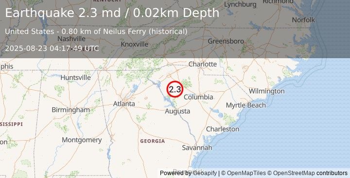 Earthquake 3 km N of Coronaca, South Carolina (2.3 md) (2025-08-23 04:17:49 UTC)
