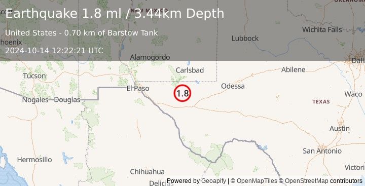 Earthquake 65 km NNE of Van Horn, Texas (1.8 ml) (2024-10-14 12:22:21 UTC)