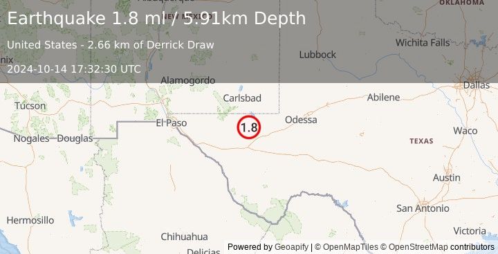 Earthquake 40 km W of Mentone, Texas (1.8 ml) (2024-10-14 17:32:30 UTC)