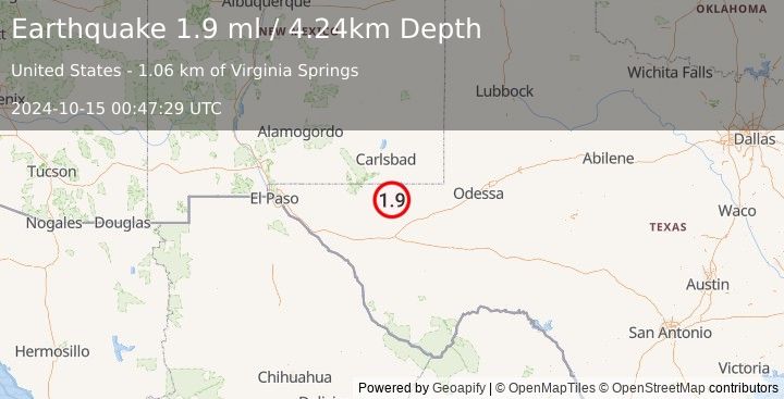 Earthquake 48 km W of Mentone, Texas (1.9 ml) (2024-10-15 00:47:29 UTC)