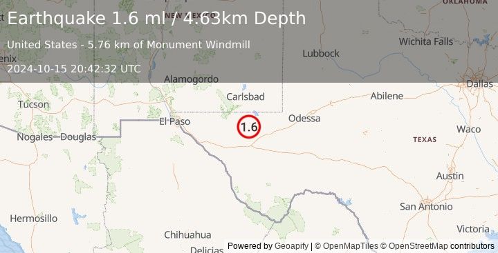 Earthquake 45 km NW of Toyah, Texas (1.6 ml) (2024-10-15 20:42:32 UTC)