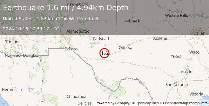 Earthquake 24 km NW of Toyah, Texas (1.6 ml) (2024-10-16 17:39:17 UTC)