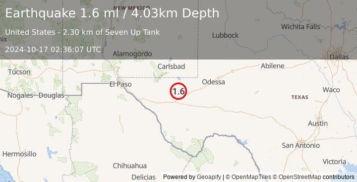 Earthquake 23 km NNW of Toyah, Texas (1.6 ml) (2024-10-17 02:36:07 UTC)