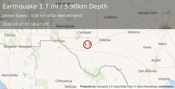 Earthquake 23 km NW of Toyah, Texas (1.7 ml) (2024-10-17 07:14:47 UTC)