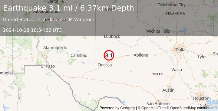 Earthquake 34 km WSW of Ackerly, Texas (3.1 ml) (2024-10-18 18:34:22 UTC)