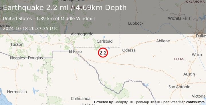 Earthquake 54 km S of Whites City, New Mexico (2.2 ml) (2024-10-18 20:37:35 UTC)