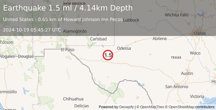 Earthquake 3 km W of Pecos, Texas (1.5 ml) (2024-10-19 05:45:27 UTC)