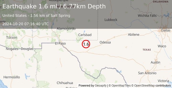 Earthquake 50 km W of Mentone, Texas (1.6 ml) (2024-10-20 07:16:40 UTC)