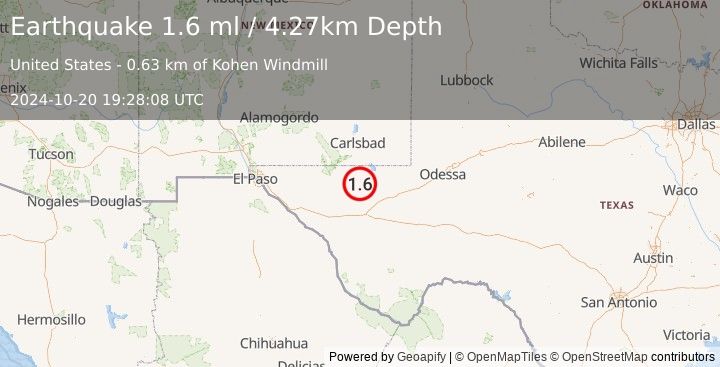 Earthquake 54 km NW of Toyah, Texas (1.6 ml) (2024-10-20 19:28:08 UTC)