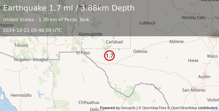 Earthquake 64 km NNE of Van Horn, Texas (1.7 ml) (2024-10-22 00:46:00 UTC)