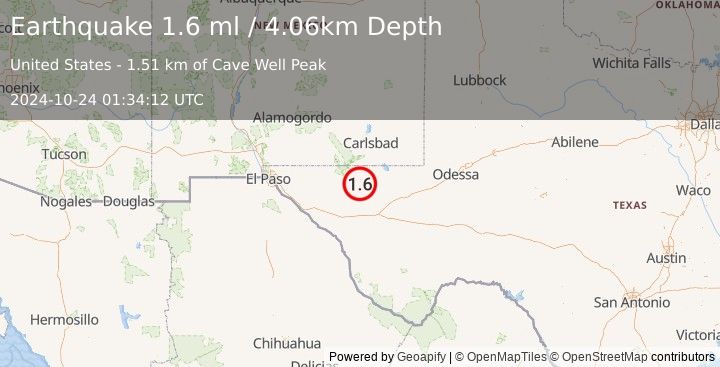 Earthquake 57 km S of Whites City, New Mexico (1.6 ml) (2024-10-24 01:34:12 UTC)