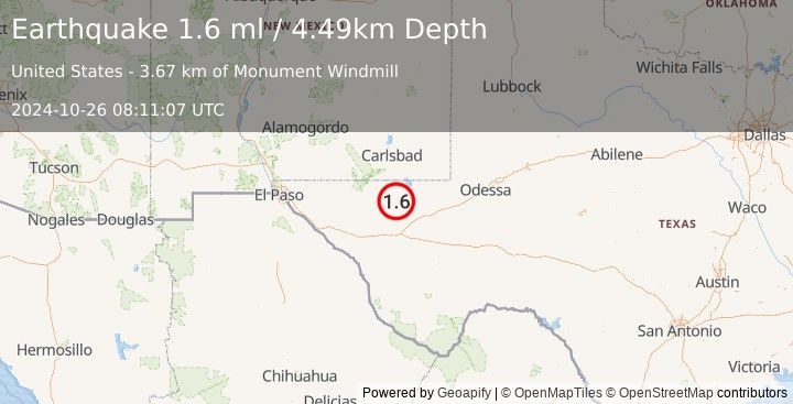 Earthquake 48 km NW of Toyah, Texas (1.6 ml) (2024-10-26 08:11:07 UTC)