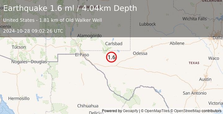 Earthquake 61 km S of Whites City, New Mexico (1.6 ml) (2024-10-28 09:02:26 UTC)