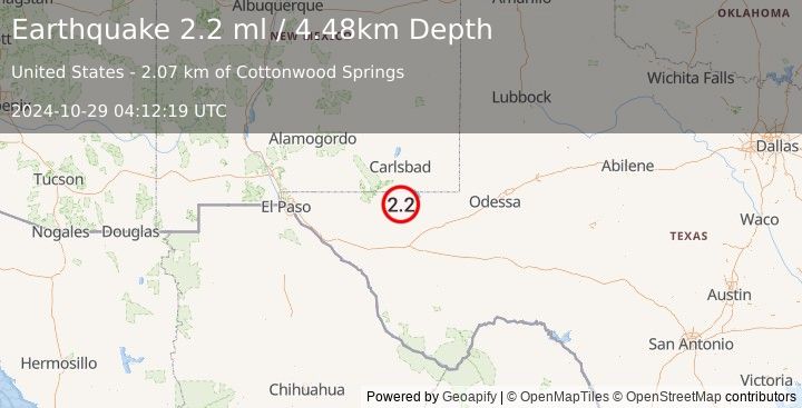 Earthquake 44 km SSE of Whites City, New Mexico (2.2 ml) (2024-10-29 04:12:19 UTC)