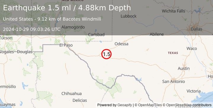 Earthquake 20 km SSE of Lindsay, Texas (1.5 ml) (2024-10-29 09:03:26 UTC)