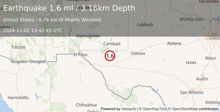 Earthquake 55 km S of Whites City, New Mexico (1.6 ml) (2024-11-02 13:42:45 UTC)