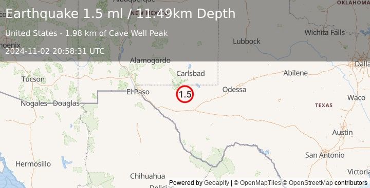 Earthquake 56 km S of Whites City, New Mexico (1.5 ml) (2024-11-02 20:58:31 UTC)