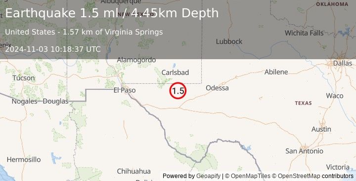 Earthquake 48 km W of Mentone, Texas (1.5 ml) (2024-11-03 10:18:37 UTC)