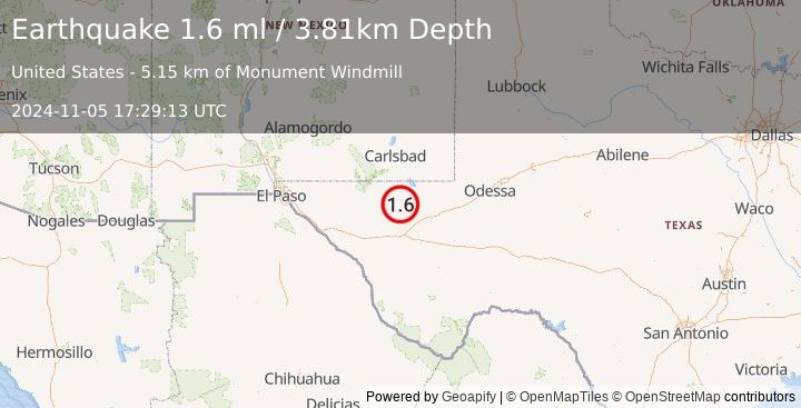 Earthquake 46 km NW of Toyah, Texas (1.6 ml) (2024-11-05 17:29:13 UTC)