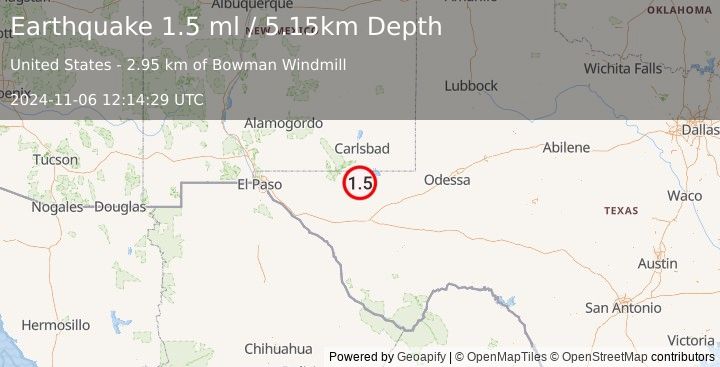 Earthquake 45 km S of Whites City, New Mexico (1.5 ml) (2024-11-06 12:14:29 UTC)