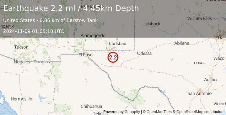 Earthquake 66 km NNE of Van Horn, Texas (2.2 ml) (2024-11-09 01:05:18 UTC)