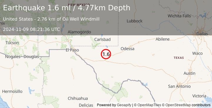 Earthquake 26 km NW of Toyah, Texas (1.6 ml) (2024-11-09 08:21:36 UTC)