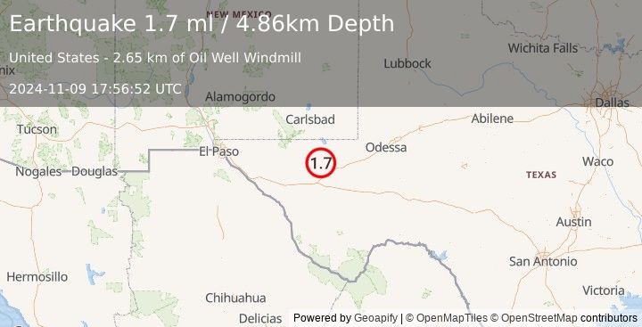 Earthquake 26 km NW of Toyah, Texas (1.7 ml) (2024-11-09 17:56:52 UTC)