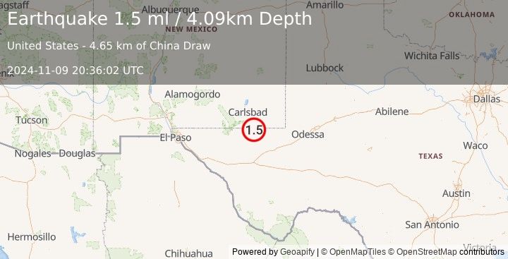 Earthquake 28 km S of Malaga, New Mexico (1.5 ml) (2024-11-09 20:36:02 UTC)