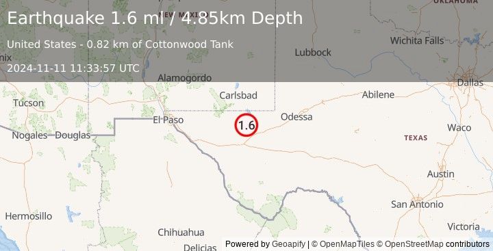 Earthquake 35 km NNW of Toyah, Texas (1.6 ml) (2024-11-11 11:33:57 UTC)