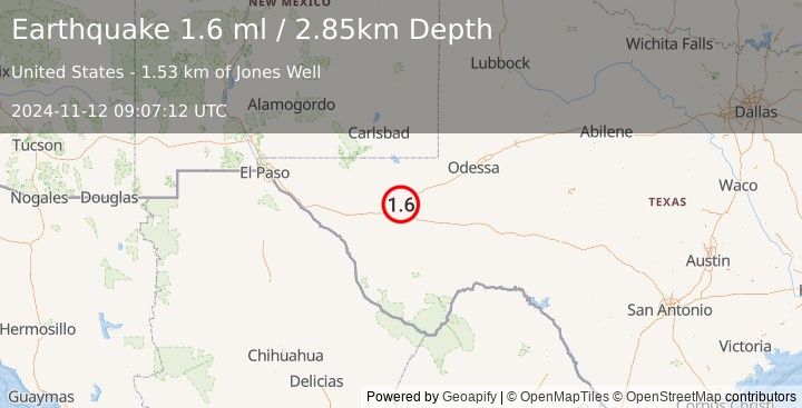 Earthquake 9 km S of Toyah, Texas (1.6 ml) (2024-11-12 09:07:12 UTC)