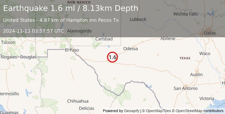 Earthquake 10 km WSW of Lindsay, Texas (1.6 ml) (2024-11-13 03:57:57 UTC)