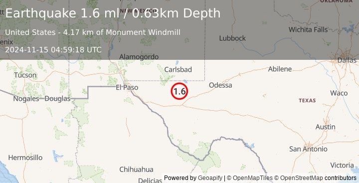 Earthquake 47 km NW of Toyah, Texas (1.6 ml) (2024-11-15 04:59:18 UTC)