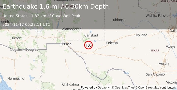 Earthquake 55 km S of Whites City, New Mexico (1.6 ml) (2024-11-17 06:22:11 UTC)