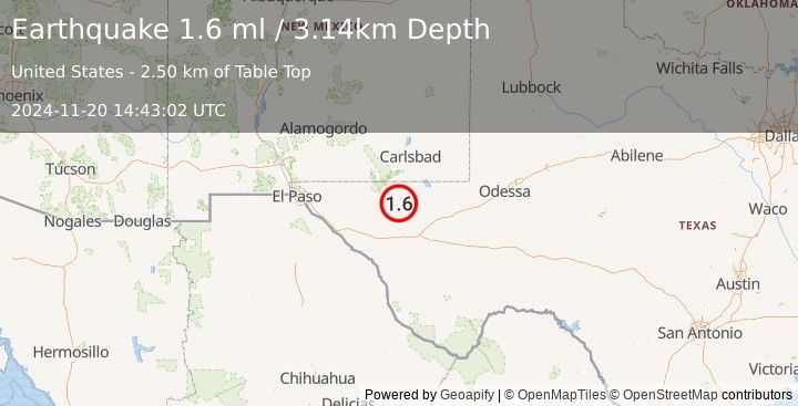 Earthquake 59 km S of Whites City, New Mexico (1.6 ml) (2024-11-20 14:43:02 UTC)