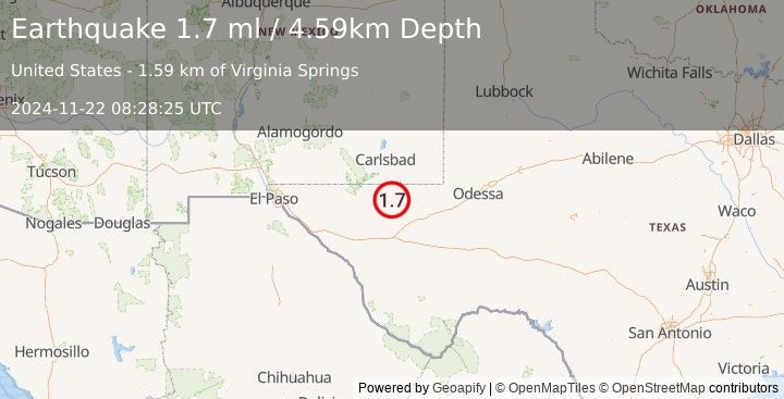 Earthquake 48 km W of Mentone, Texas (1.7 ml) (2024-11-22 08:28:25 UTC)