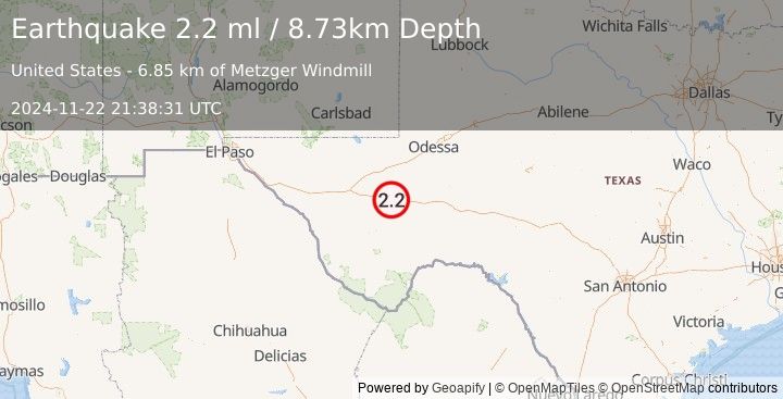 Earthquake 32 km W of Fort Stockton, Texas (2.2 ml) (2024-11-22 21:38:31 UTC)