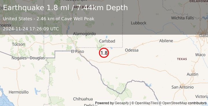 Earthquake 58 km S of Whites City, New Mexico (1.8 ml) (2024-11-24 17:26:09 UTC)