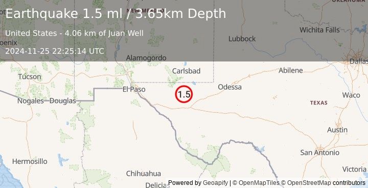 Earthquake 59 km WNW of Toyah, Texas (1.5 ml) (2024-11-25 22:25:14 UTC)