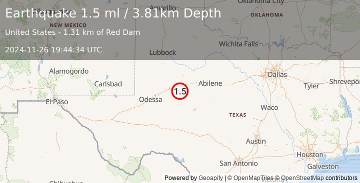 Earthquake 24 km SSW of Westbrook, Texas (1.5 ml) (2024-11-26 19:44:34 UTC)