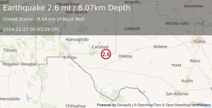 Earthquake 35 km NNW of Mentone, Texas (2.6 ml) (2024-11-27 00:03:29 UTC)