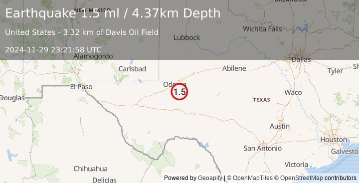 Earthquake 26 km NE of Crane, Texas (1.5 ml) (2024-11-29 23:21:58 UTC)