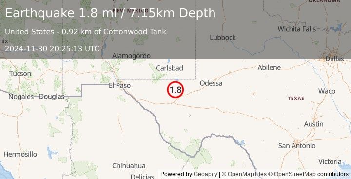 Earthquake 35 km NNW of Toyah, Texas (1.8 ml) (2024-11-30 20:25:13 UTC)