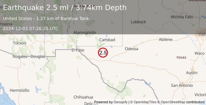 Earthquake 66 km NNE of Van Horn, Texas (2.5 ml) (2024-12-03 07:26:25 UTC)